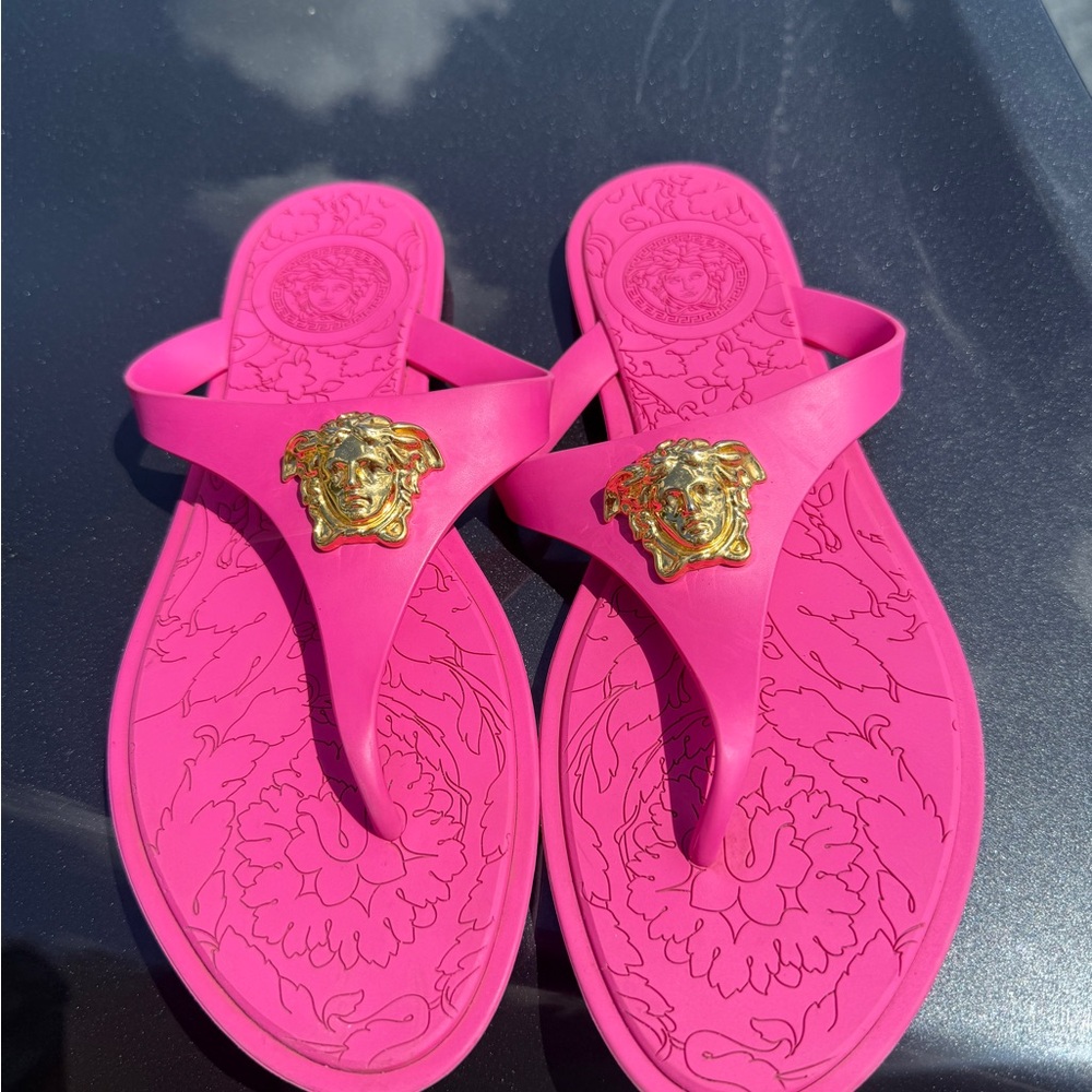 Versace Sandals Pink and Gold Medusa Sandals 7.5 Versace shoes thong sandal